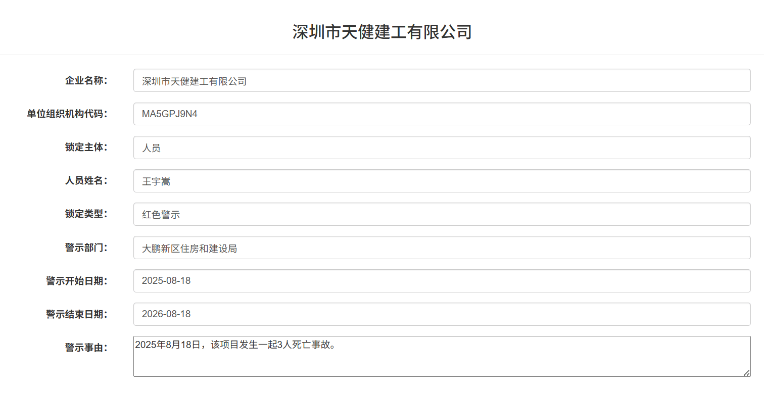 发生3人死亡事故！深圳市天健建工被红色警示1年